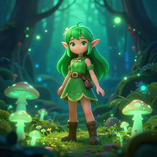 Digital artwork of a cute, green-haired, elf child with pointed ears, wearing a green dress and boots, standing in a glowing, enchanted forest with