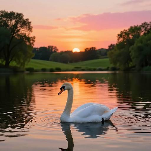 Photograph of a white swan gliding on a calm lake, reflecting a vivid orange and pink sunset, surrounded by silhouetted trees.