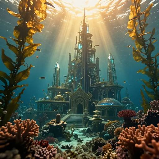 Photograph of an underwater fantasy castle with sun rays piercing through, surrounded by colorful coral, seaweed, and small fish.