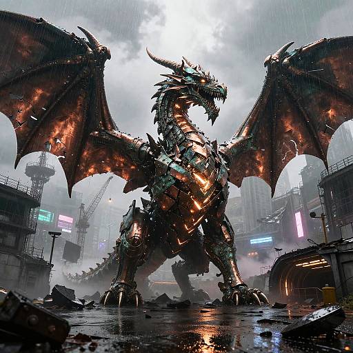 Colossal Steel Dragon in Post-Apocalyptic City