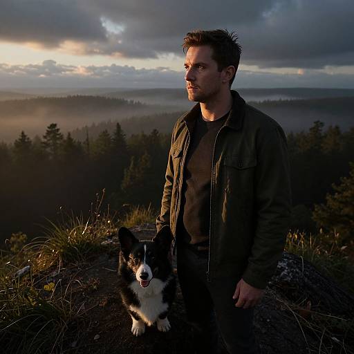 Photograph of a bearded man in a green jacket standing on a misty mountain peak at sunset, holding a black and white Border Collie,