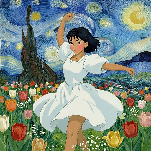 Digital art of a young woman in a white dress, dancing in a vibrant field of tulips, under a swirling, starry sky inspired by Van