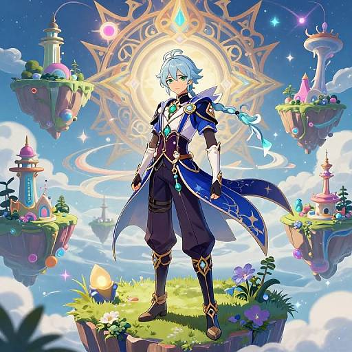 Anime-style digital illustration of a blue-haired, green-eyed mage with a long braid, standing on a floating island, surrounded by magical floating islands and