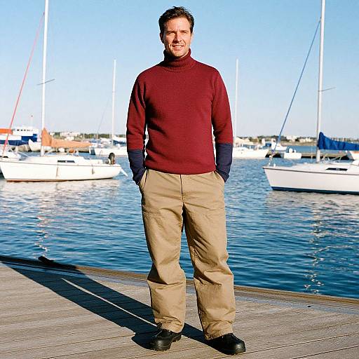 Photograph of a smiling middle-aged man with short brown hair, wearing a red turtleneck, beige pants, and black shoes, standing on a