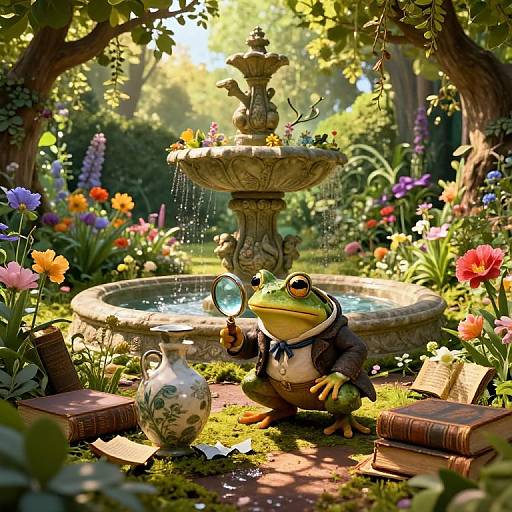Fantastical garden scene with a frog in a suit holding a magnifying glass, beside a stone fountain, colorful flowers, books, and a te