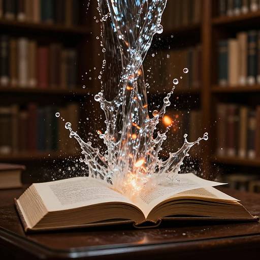 Photograph of an open book on a dark wooden table, with water splashing dramatically over the pages, illuminated by bright light. Background: blurred book