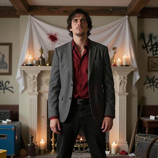 Intense Man in Cluttered Room Scene