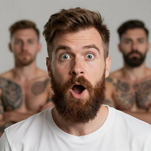 Surprised Bearded Man in White Shirt