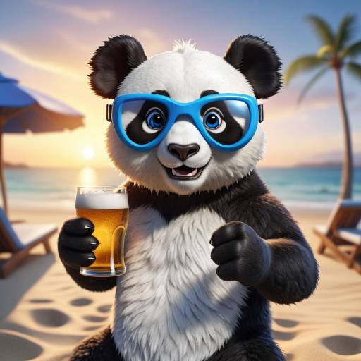 Cute Panda with Beer on Tropical Beach