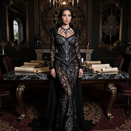 Photograph of a dark-haired woman in a black, intricately patterned lace gown standing in a lavish, dimly lit room with ornate decorations