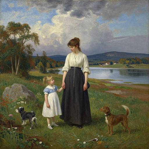 Oil painting of a woman in a white blouse and black skirt holding a girl's hand, with two dogs, by a lake.