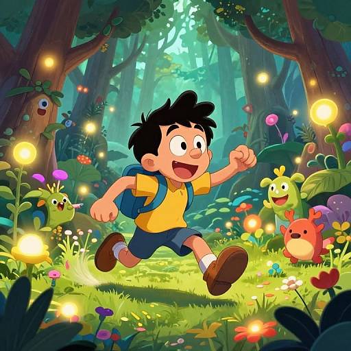 Cartoon boy in yellow shirt and blue backpack runs joyfully through enchanted forest with glowing flowers, whimsical creatures, and fairy lights.