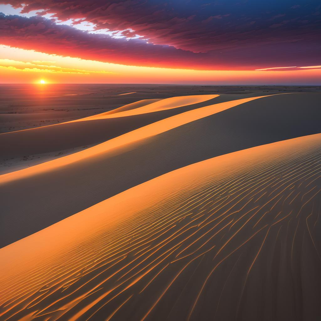 Sunset Over Sandy Expanse and Dunes