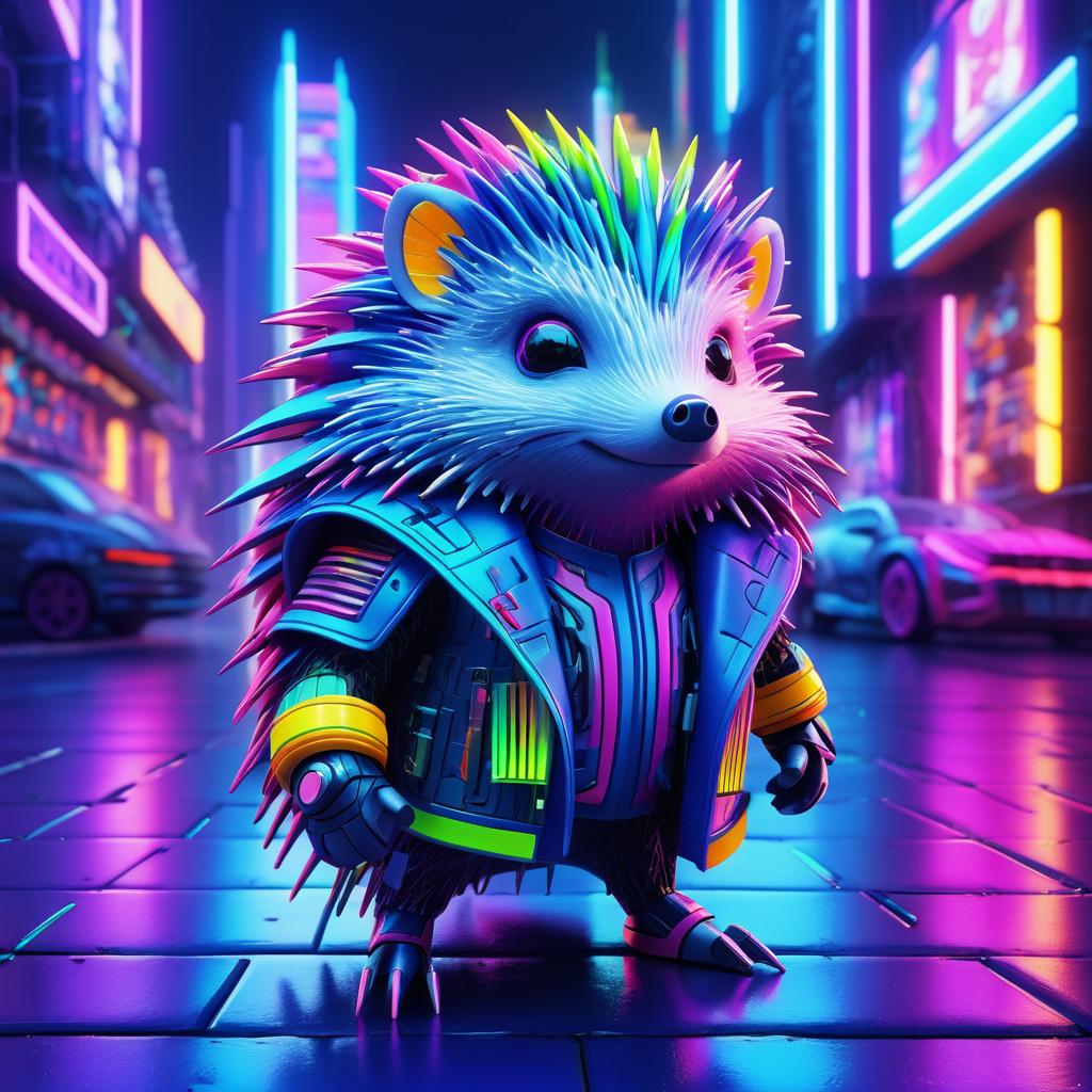 Cyberpunk Hedgehog in Neon Cityscape