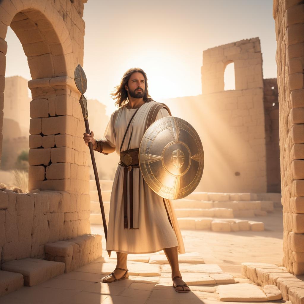 Jesus in Defensive Stance with Shield