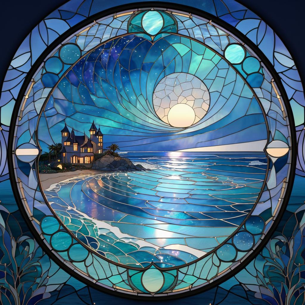 Stained Glass Moonlit Beach Artwork