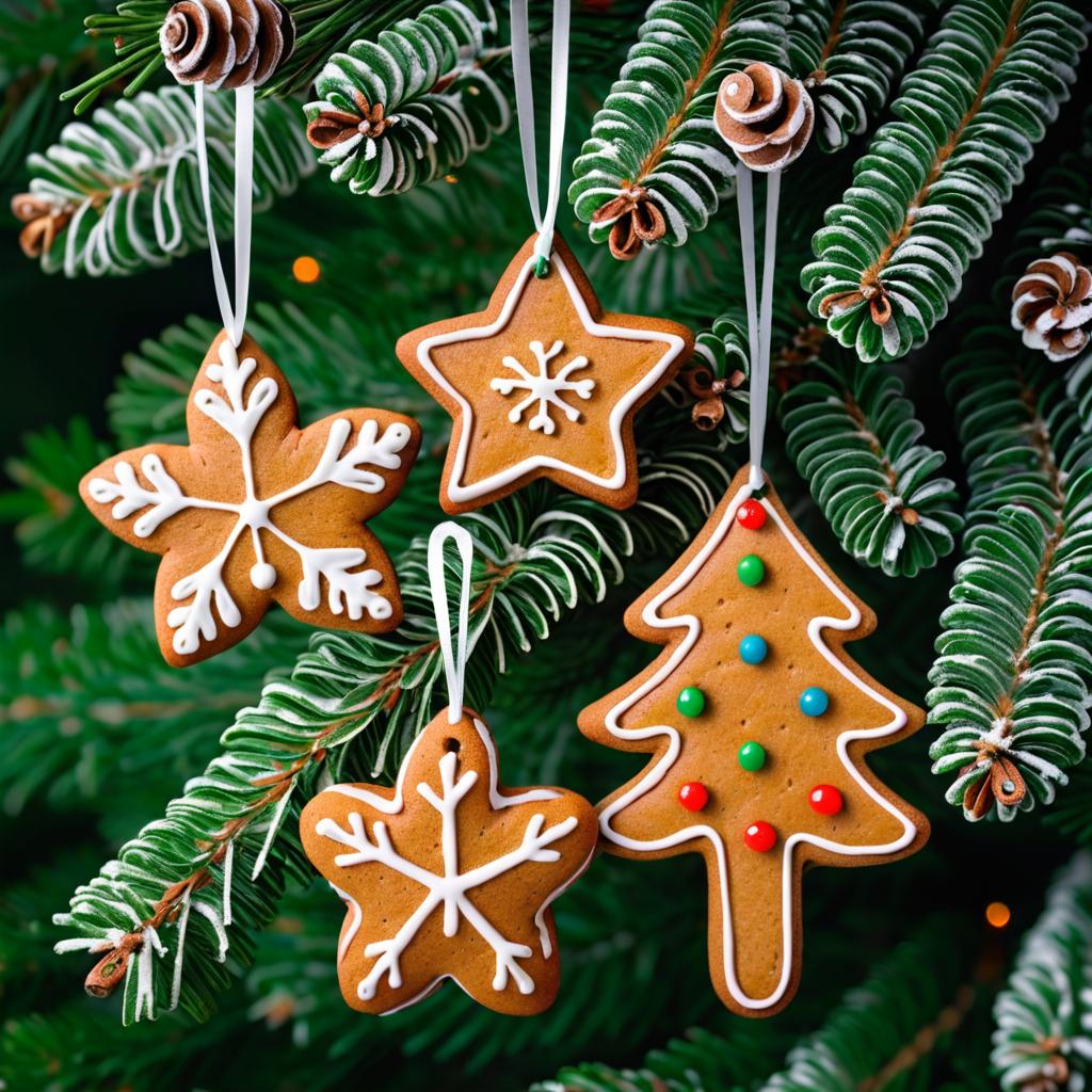 Festive Gingerbread Ornaments on Fir Tree