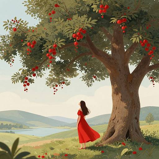 Digital painting of a girl in a flowing red dress, standing under a large cherry tree with red cherries, in a sunny, rolling countryside with a