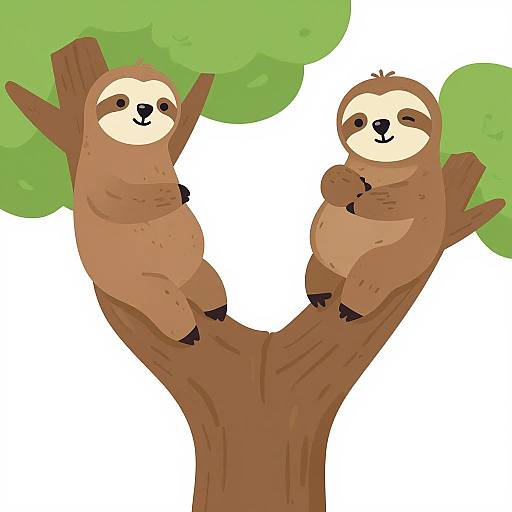 Digital drawing of two brown sloths with cream-colored faces, hanging from a brown tree with green leaves, against a white background.