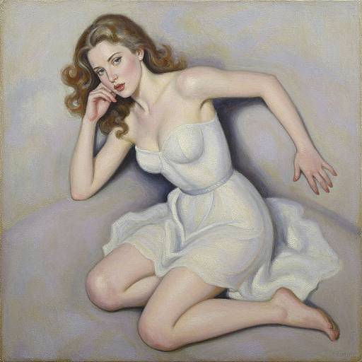 Oil painting of a fair-skinned woman with wavy brown hair, wearing a white, strapless dress, reclining on a gray background. She