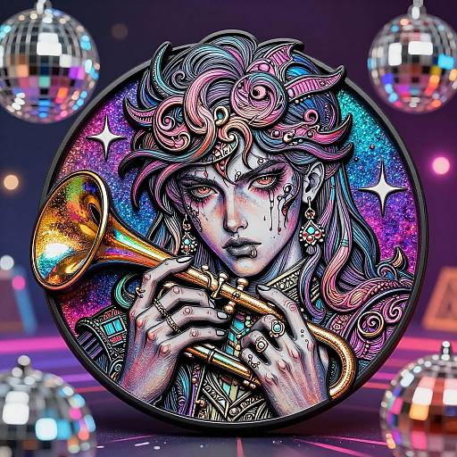 Digital art of a stylized, anime-inspired woman with colorful, swirling hair playing a golden trumpet, surrounded by neon lights and disco balls.