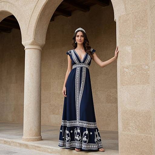 Photograph of a woman with curly brown hair, wearing a blue, medieval-style dress with white embroidery, standing in a stone archway.