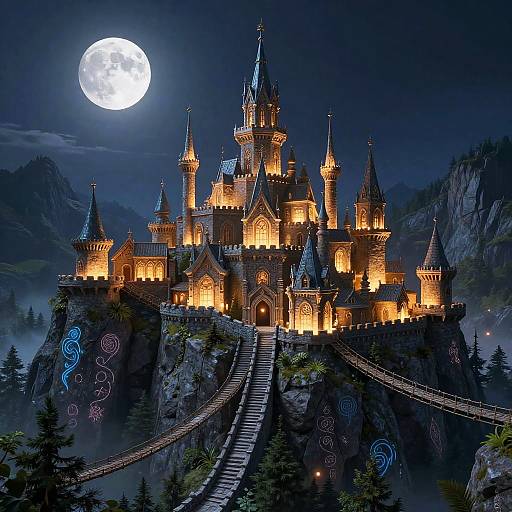 Enchanted Mountain Castle at Night