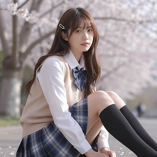 Charming Asian Woman in Cherry Blossom Scene