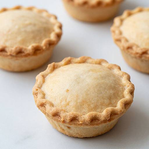 Photograph of four golden-brown, fluted-edge, fruitless pie crusts on a white surface, showcasing their textured edges and light color.