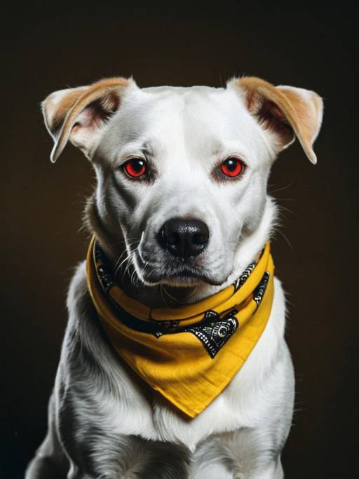 White Dog with Red Eyes and Yellow Bandana