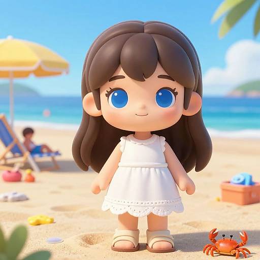 Chibi-style digital drawing of a cute girl with blue eyes, brown hair, white dress, and sandals, standing on a sunny beach with a crab