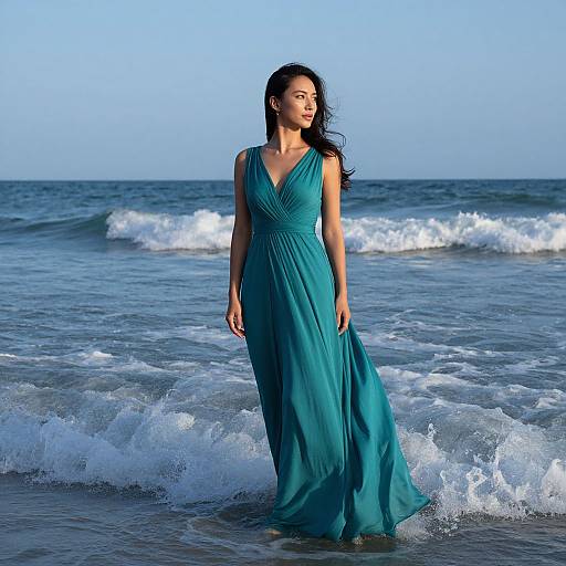 Photograph of a beautiful Asian woman with long black hair, wearing a flowing teal dress, standing in gentle ocean waves under a clear blue sky.