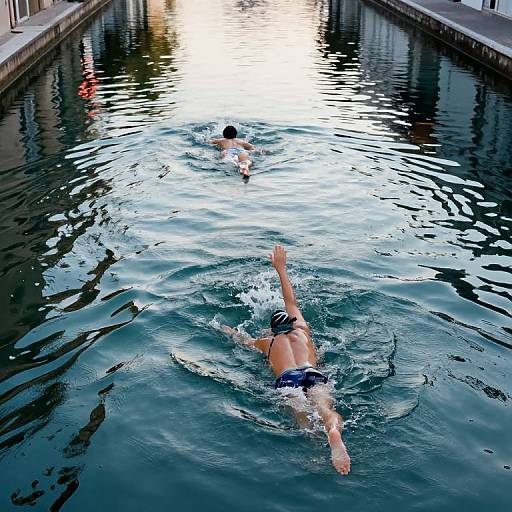 Serene Swimmers on Mirrored Canal