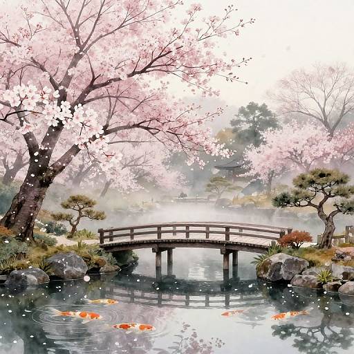 Digital painting of a serene Japanese garden featuring a wooden bridge over a calm pond with orange koi fish, surrounded by cherry blossoms and misty trees