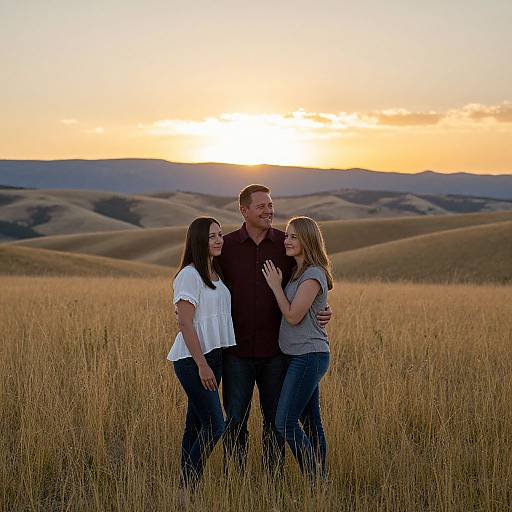Photograph of a smiling family of three standing in a golden wheat field at sunset, with rolling hills in the background. The man wears a dark shirt