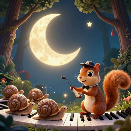 Digital art: Adorable red squirrel in bow tie and hat conducts snails on piano under glowing crescent moon in enchanted forest.