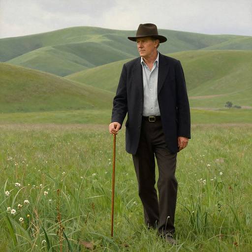 Photograph of a middle-aged man in a black suit, white shirt, and brown hat, holding a cane, standing in a green, grassy
