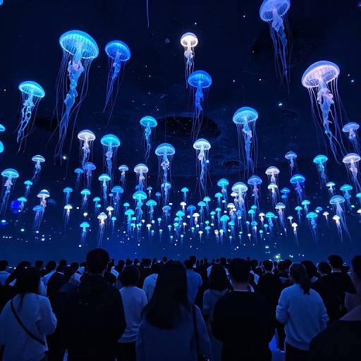 Photograph of a crowded exhibit featuring numerous glowing blue and white jellyfish suspended in mid-air against a dark backdrop.