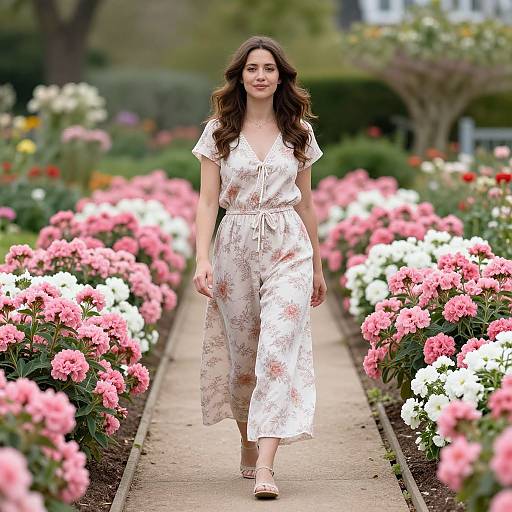 Photograph of a young woman with long brown hair, wearing a white floral jumpsuit, walking down a garden path adorned with pink and white flowers.