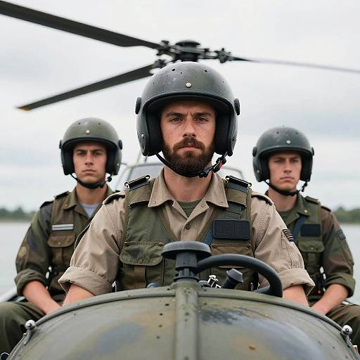 Military Men in Combat Helmets on Boat with Helicopter