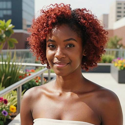 Photograph of a smiling, dark-skinned woman with curly red hair, wearing a white strapless top, standing on a sunny rooftop with urban buildings