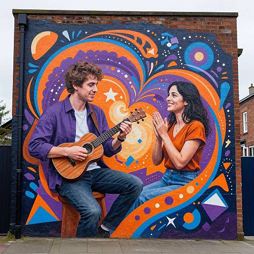 Vibrant mural of a smiling man playing guitar and a woman clapping, set against a colorful, cosmic background with swirling patterns.