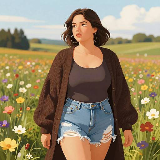 Woman in Bohemian Outfit in Flower Field