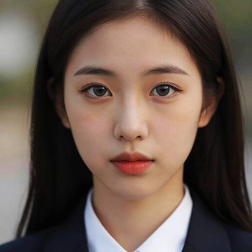 Photograph of an East Asian woman with straight black hair, fair skin, blue eyes, red lipstick, wearing a black blazer over a white shirt