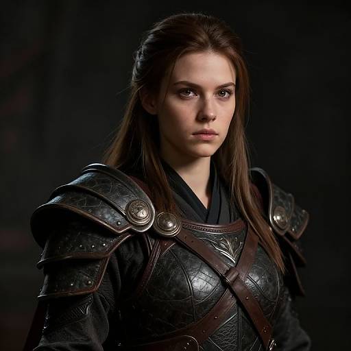 Photograph of a serious, fair-skinned woman with long brown hair, wearing dark, intricate, leather and metal armor against a black background.