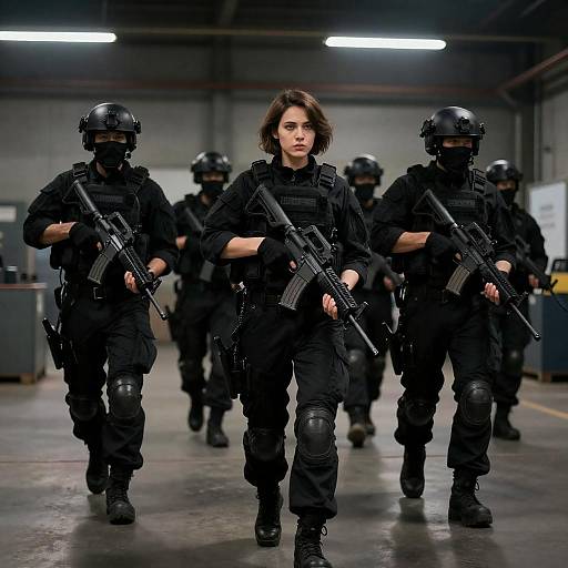 Tactical Soldiers in Dimly Lit Warehouse