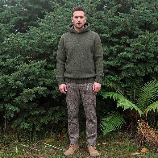 Photograph of a Caucasian man with short brown hair, wearing a dark green hooded sweater, gray checkered pants, and tan boots, standing in