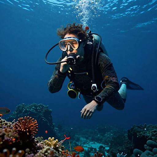 Photograph of a scuba diver with curly brown hair, black wetsuit, and mask, exploring a vibrant underwater coral reef with colorful fish and