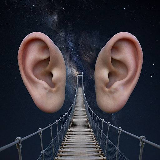 Digital artwork of large, realistic human ears floating above a narrow, starry sky bridge stretching into the cosmic background.