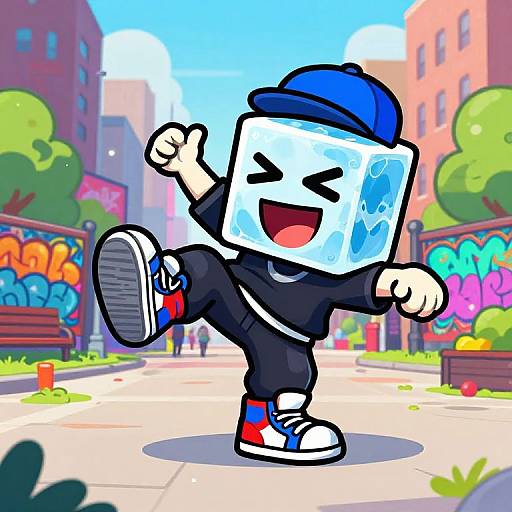 Cartoon-style digital drawing of a happy, dancing cube-headed character in a blue cap, black outfit, and red sneakers, in a colorful urban park